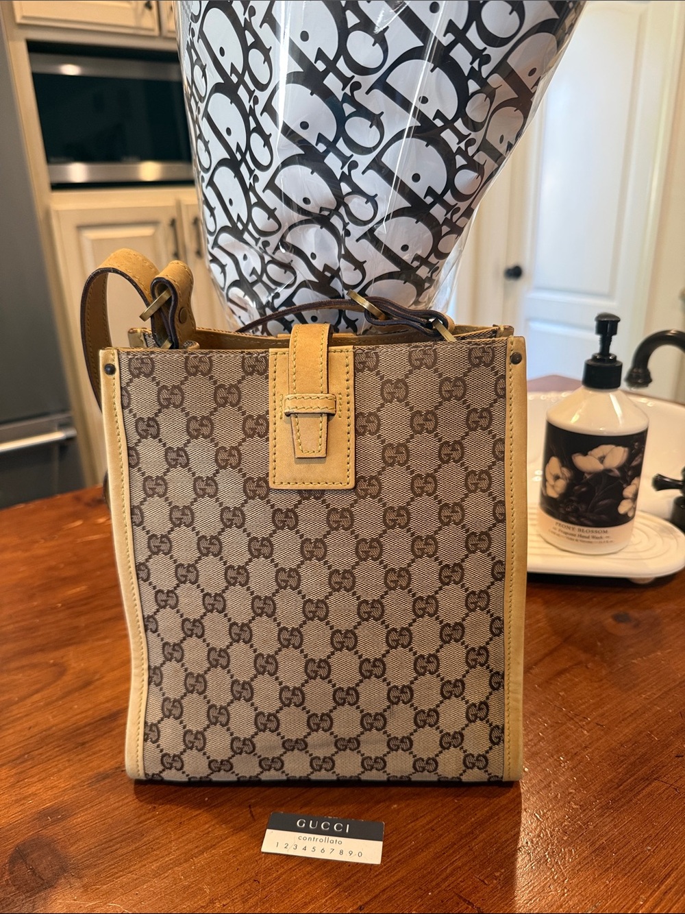 Gucci Brown GG Canvas Shoulder Tote with Yellow Leather Trim